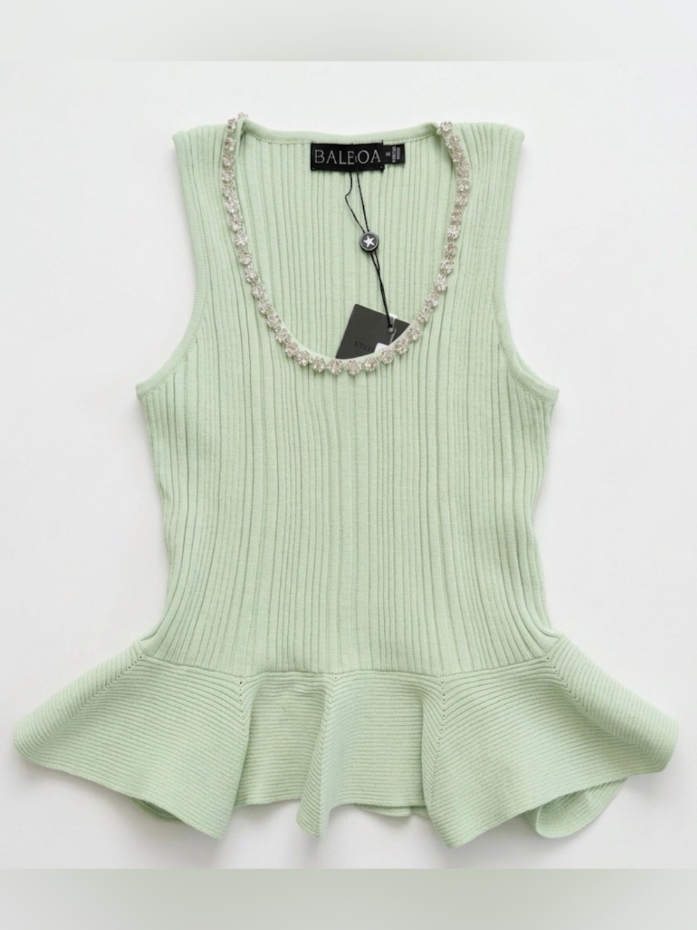Balboa Mint Green Ribbed Peplum Tank with Embellished Neckline size Small